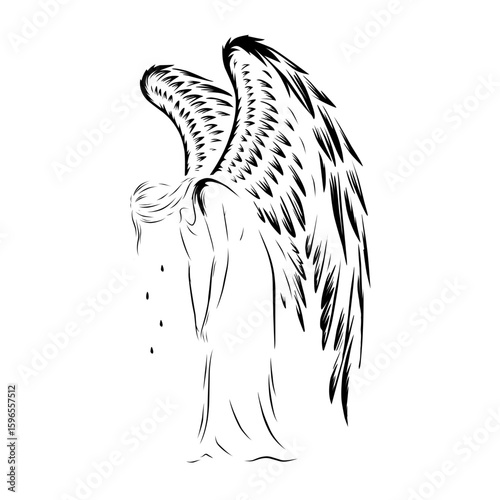 Minimalist line art of a crying angel with flowing wings and tear drops. A symbolic emotional figure representing sadness, loss, and spiritual sorrow in vector form