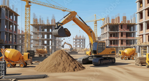 Excavator working on a large construction site with multiple unfinished buildings, cranes, and concrete mixers under a clear sky.