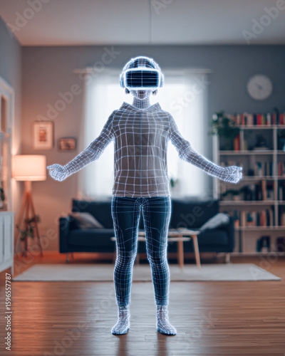 A person wearing a VR headset is immersed in a virtual digital wireframe experience inside a cozy living room.