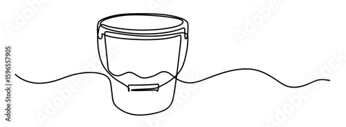 continuous line art of a bucket filled with water. This icon is for a poster or advertisement of toilet equipment.