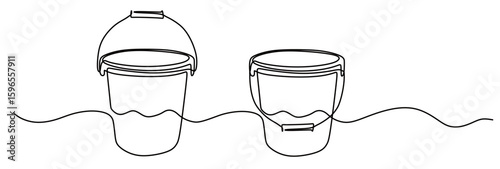 continuous line art of a bucket filled with water. This icon is for a poster or advertisement of toilet equipment.
