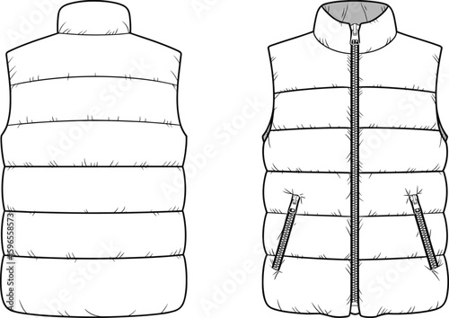 Modern Puffer Vest Illustration, Front and Back View, Quilted Outerwear Design, Winter Fashion, Zipper Closure, Technical CAD Drawing