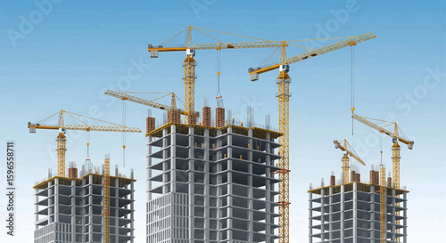 Construction cranes towering over three unfinished skyscrapers under a clear sky.
