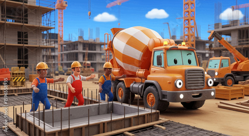 Animated construction scene with a cement truck and three workers wearing hard hats near a building foundation.
