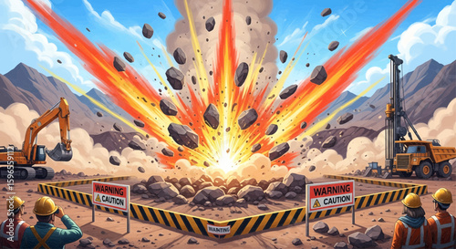 A construction site shows an explosion with workers observing, machinery present, and warning signs in place.