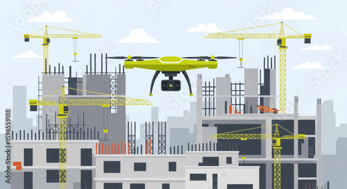 A drone flies over a construction site with cranes and building frames.