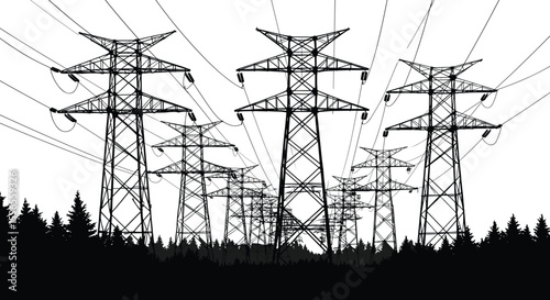 Multiple high voltage electricity transmission towers with power lines in forest background, energy infrastructure silhouette vector scene for utility design