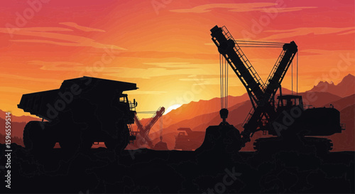 Silhouette of mining equipment against a vibrant sunset, depicting industrial activity.