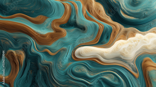 Abstract ocean waves in teal and navy blue with copper accents, featuring flowing, fluid lines. Ideal for wall art, home decor, or background design with a modern, elegant aesthetic.