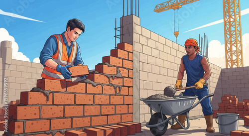 Construction workers building a brick wall, with crane and blue sky.