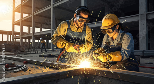 Two construction workers weld metal beams together at a modern building site, sparks flying.