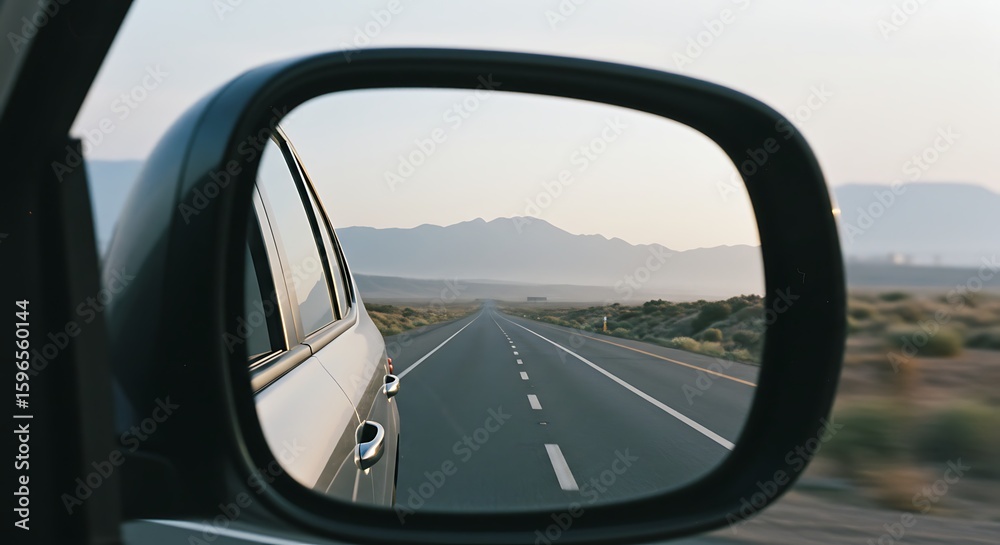 Car Side Mirror Reflecting Desert Highway with Distant Mountains Car Side Mirror Reflecting Desert Highway with Distant Mountains