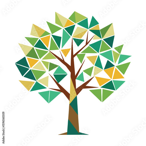 A geometric tree with triangular leaves in shades of green isolated on white background