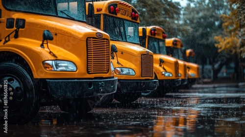 Yellow school buses in a rainy parking lot