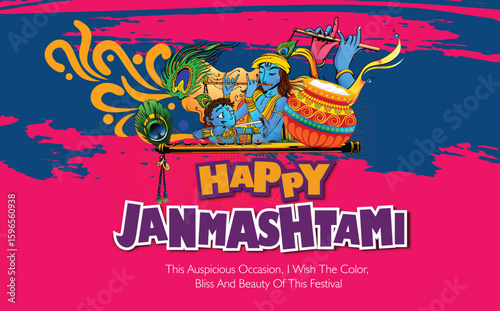 Illustration of Lord Krishna playing bansuri (flute) in happy Janmashtami festival 
of India with text in Hindi meaning Shri Krishan Janmashtami vector background