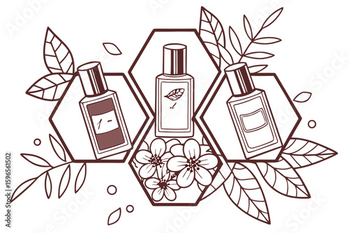 Illustration of three perfume bottles in hexagonal frames with floral and leaf decorations around them