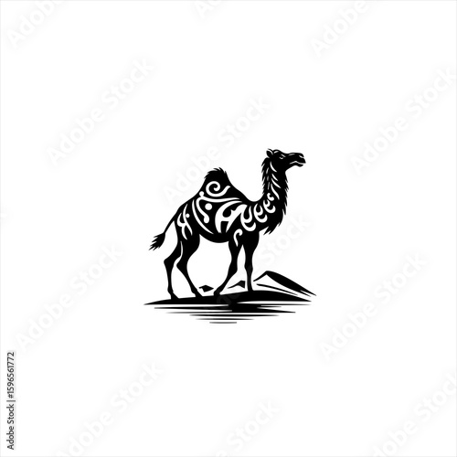 Stylized Black Camel Silhouette with Tribal Patterns.