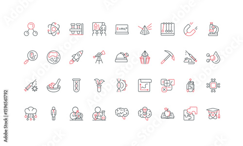 Science research, laboratory equipment and experiment by scientist line icon set. Physics and chemistry, biology, structure and formulation of knowledge thin black and red symbols vector illustration