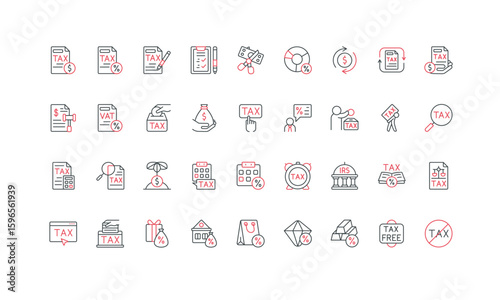 Tax calculator, accounting and VAT payment, rules control and free zone line icon set. Taxation deduction and penalties, burden of taxpayer, thin black and red outline symbols vector illustration