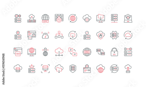 Web hosting, maintenance service for server infrastructure and database, data security line icon set. File and backup download, storage system thin black and red outline symbols vector illustration