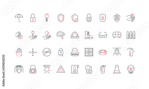 Safety equipment and standards, alert message, secure shield and umbrella protect life line icon set. Lifebuoy and data backup, CCTV camera, mask thin black and red symbols vector illustration