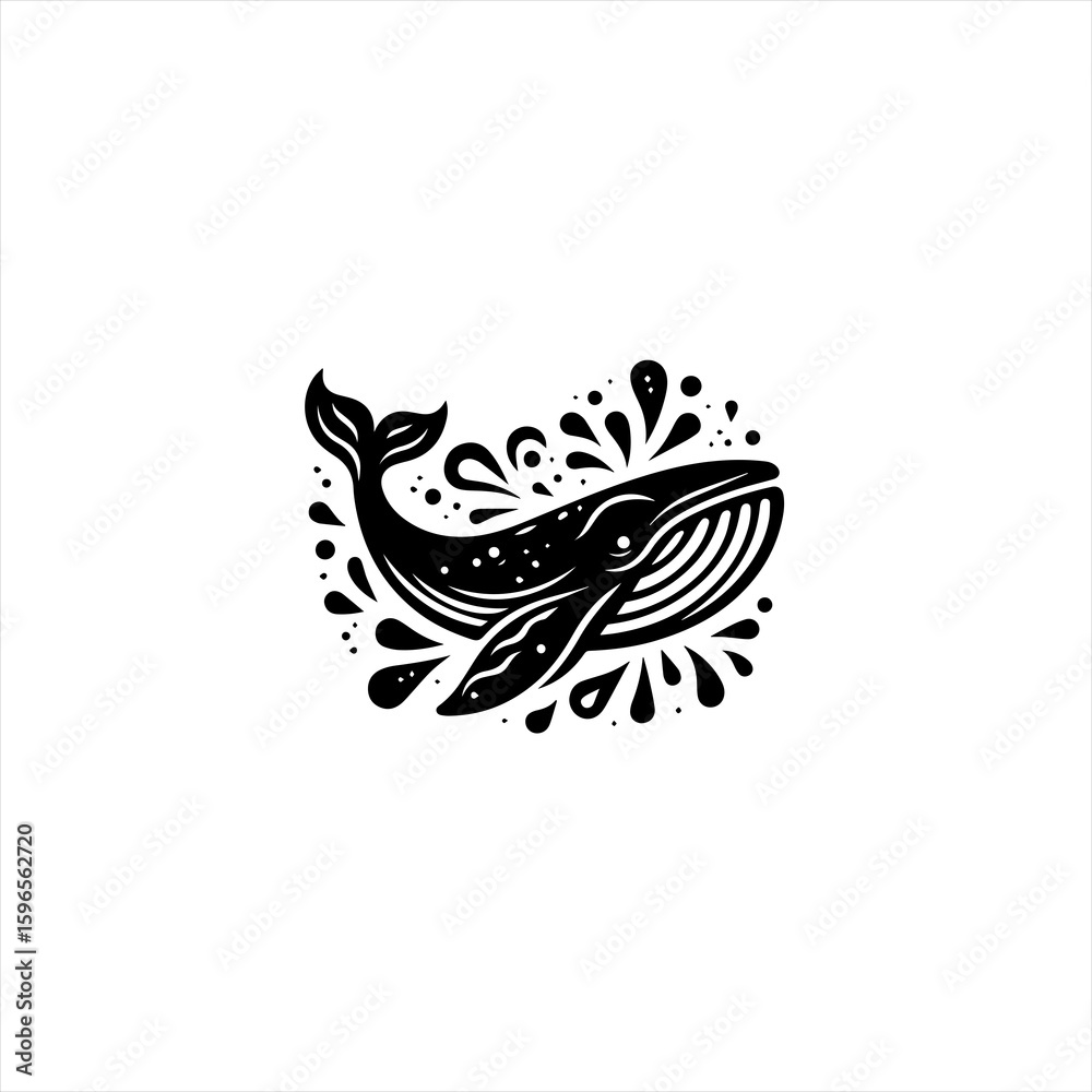Fototapeta premium Stylized Black Whale Illustration with Water Splashes.