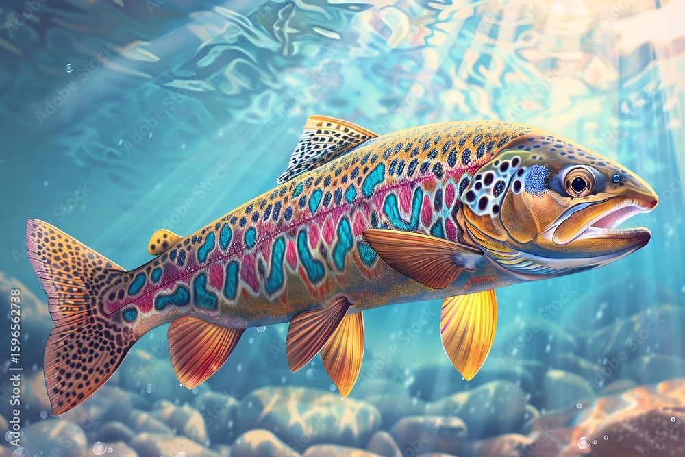Fototapeta premium A colorful illustration of a trout with detailed scales and fins, set against a backdrop of a clear blue stream with sunlight streaming through. 40k, full ultra hd, high resolution