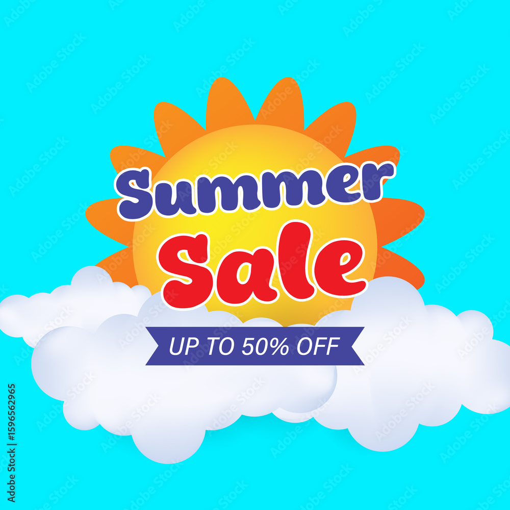 Obraz premium Summer banner sale. A summer banner with the sun, clouds and text. An advertising offer. 50% discount. 