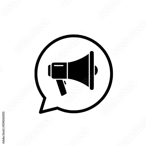 Black vector illustration of a megaphone or loudspeaker icon placed inside a speech bubble. 