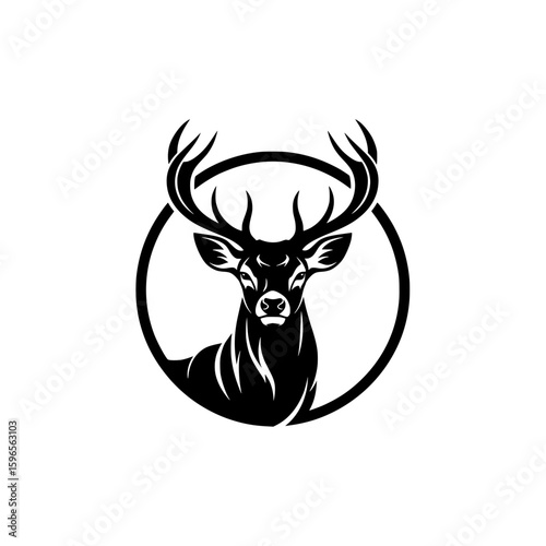 Vector illustration of a powerful and dignified male deer head with magnificent branching antlers, framed within a circle. 