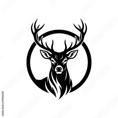 Vector illustration of a powerful and dignified male deer head with magnificent branching antlers, framed within a circle. 