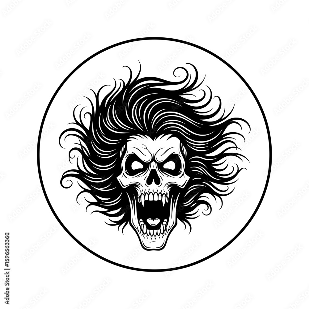 Fototapeta premium Skull Head with Wild Hair in a Circle