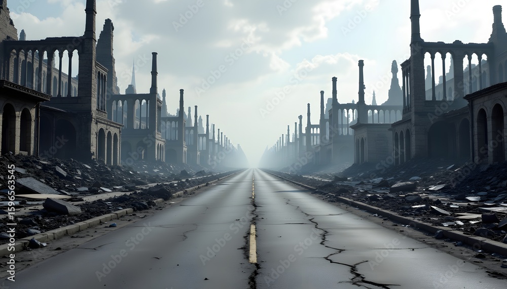 Fototapeta premium A desolate avenue stretches into the grey horizon, choked with the skeletal remains of buildings