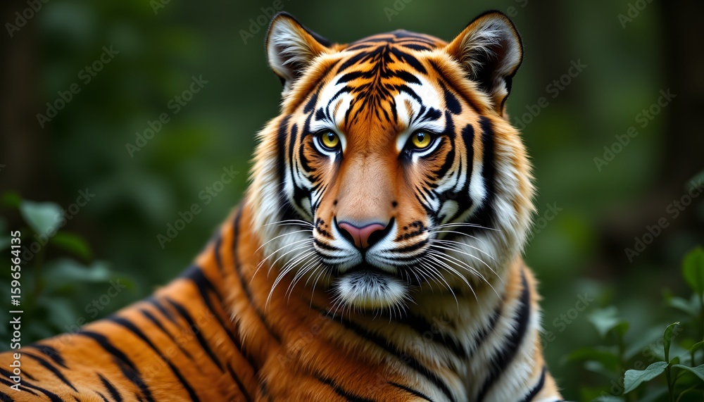 Fototapeta premium A regal tiger is depicted with vibrant orange fur, accented by bold black stripes that curve and swirl across its body
