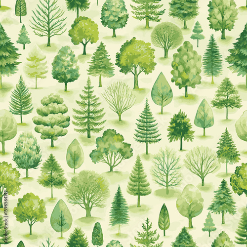 Seamless green foliage pattern with leaves, branches, and trees, a fresh natural forest design