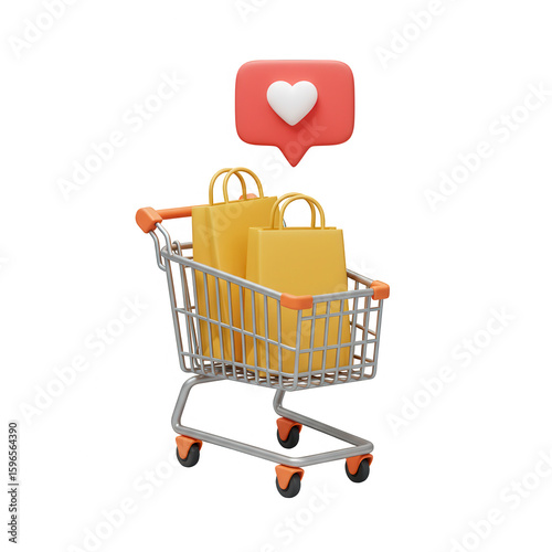 3D Shopping cart with bags and heart icon isolated on transparent background