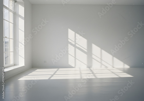 Empty White Room with Natural Light, Window Shadows on Floor and Wall, Modern Interior Space Design