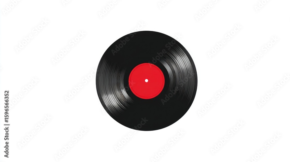 Obraz premium Black Vinyl Record with Red Label on White Background