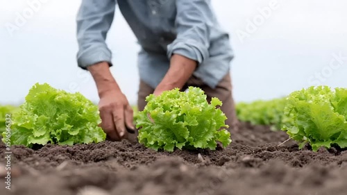 Farmer tending to lush green lettuce in an open field, agriculture practices, hands-on farming during spring rural worker harvesting produce, farming techniques, vegetable gardening in countryside