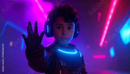 Cute robot like a child is looking directly to camera and showing something with his hand, Generative AI