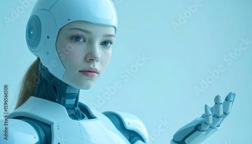 Cute female robot is looking directly to camera and showing something with her hand, Generative AI