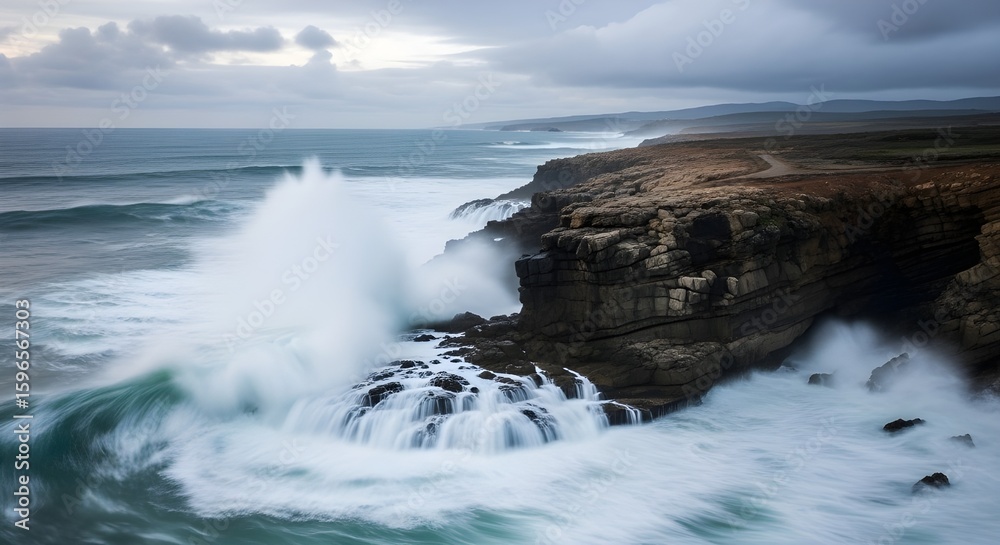 Fototapeta premium Rocky Coastline With Waves Crashing