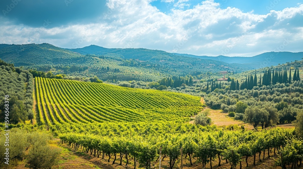 Fototapeta premium Lush vineyards stretch across rolling hills under a bright sky.