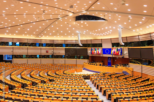 Interior of the plenary room of the European parliament in Brussels, Belgium