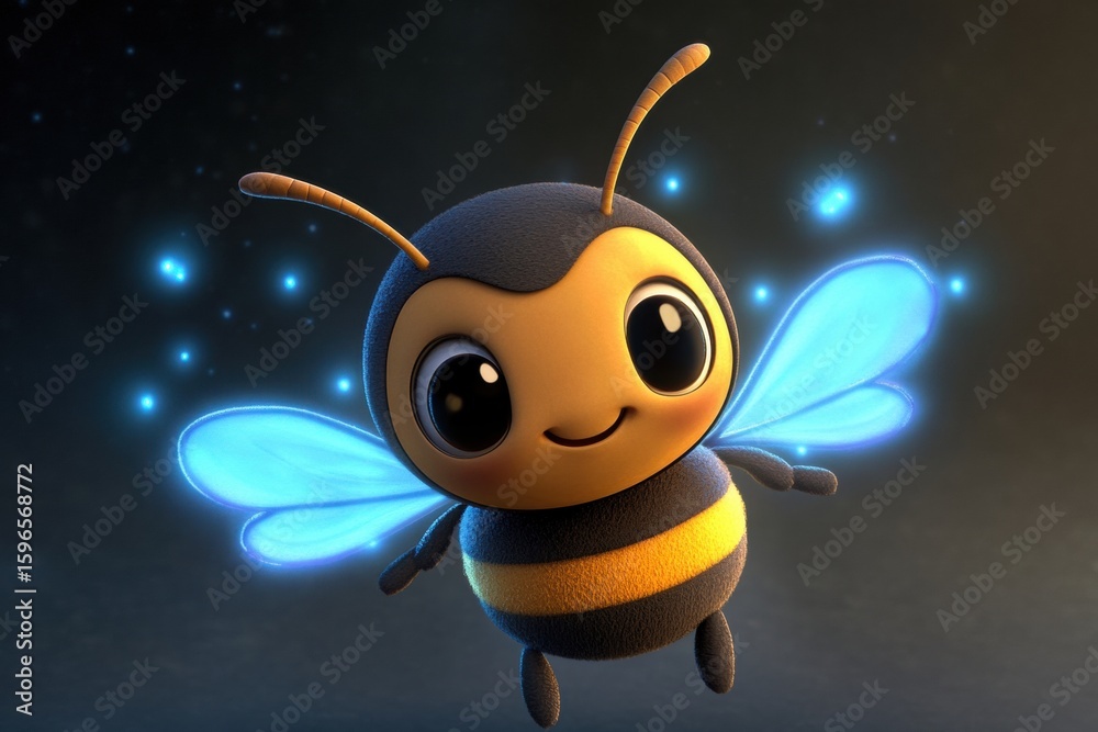 Fototapeta premium Adorable Cartoon Firefly Illuminating Forest Scene Cute in the Woods