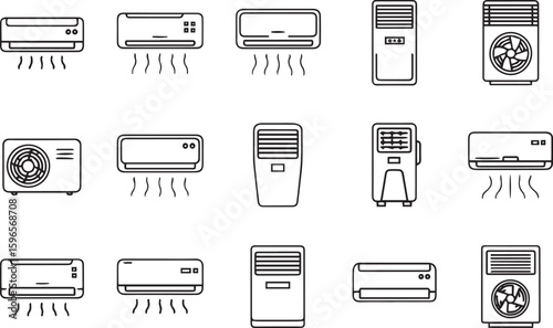 Air conditioner editable stroke outline icons set isolated on white background flat vector illustration. Pixel perfect