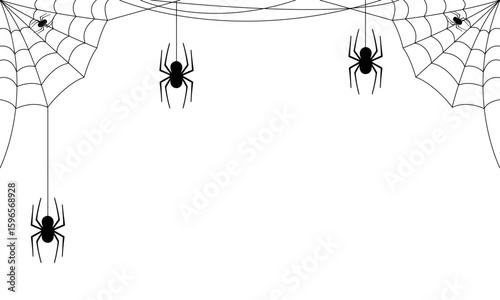 Halloween spider and web border vector design on white background for spooky invitation, creepy banner, horror party flyer, or seasonal decoration template