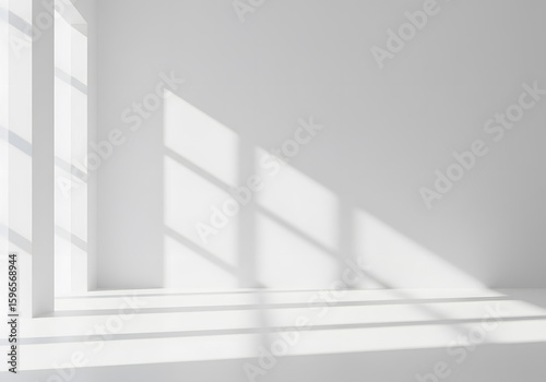 Minimalist White Room with Window Light and Shadow Modern Interior Design, Architectural Details, Empty Space, Natural Illumination.