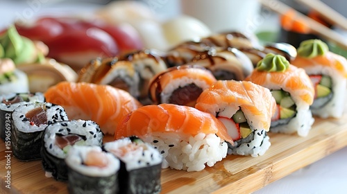 A delicious platter of assorted sushi rolls on a wooden board, garnished with fresh ginger and wasabi.