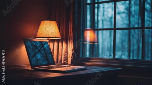 Laptop sits illuminated near window showing blurred winter forest scene indoors